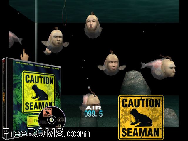 Seaman v1.001 [req. microphone] Sega Dreamcast game showing 3D box cover and gameplay screenshot
